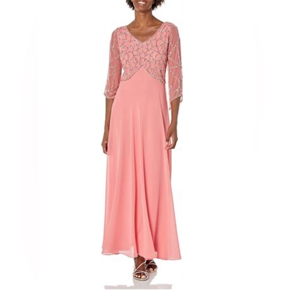 J Kara Dresses J Kara Womens 34 Sleeve Geo Beaded Gown 4 Coral